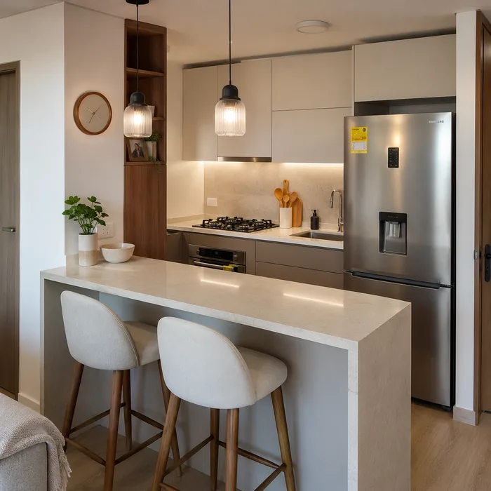 Cocina integral moderna en Bucaramanga con isla blanca, electrodomésticos acero inoxidable y acabados minimalistas