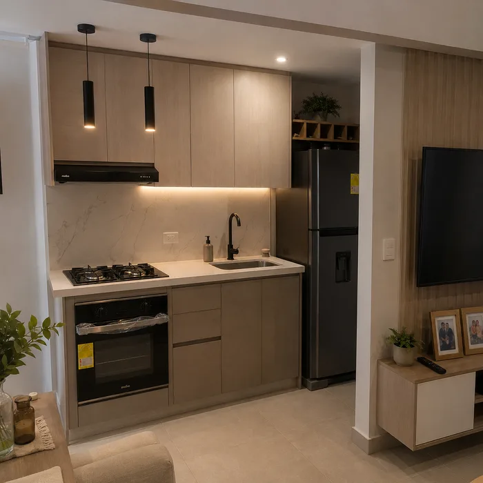 Cocina integral moderna en tonos beige con electrodomésticos negros en Bucaramanga