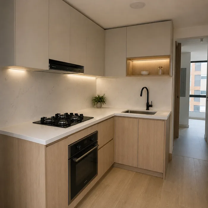 Cocina integral moderna en Bucaramanga con muebles en tonos claros y encimera blanca