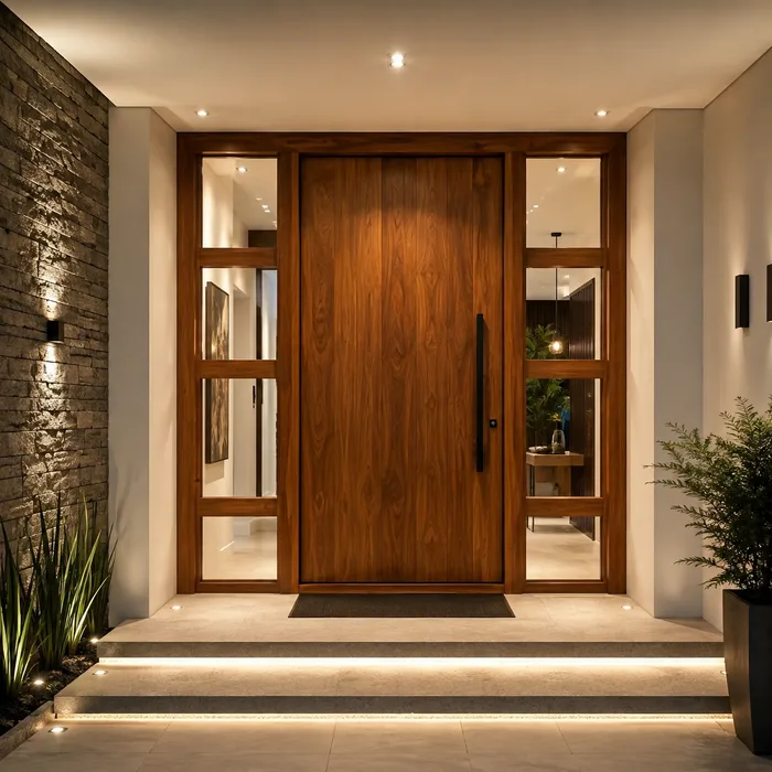 Puerta de entrada en madera con sidelites y espacios integrados en Bucaramanga