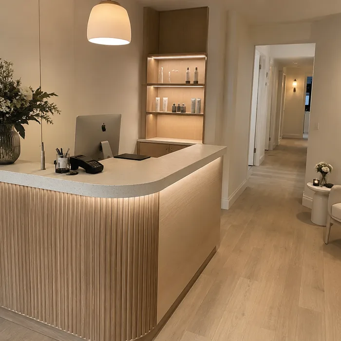 Recepción moderna en Bucaramanga con mostrador curvo de madera y estantería iluminada