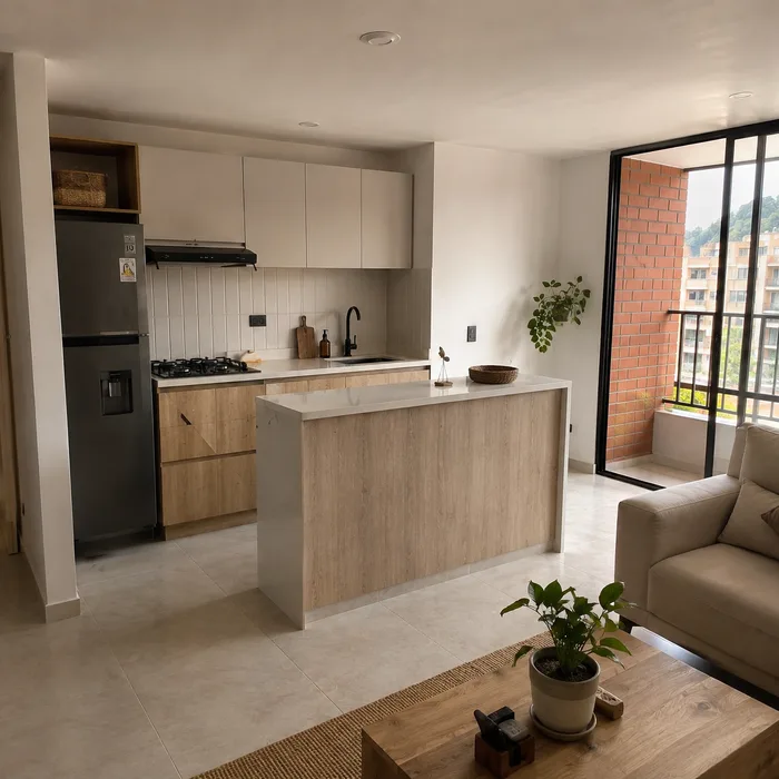 Cocina integral moderna con isla de madera, muebles blancos y vista al balcón en Bucaramanga