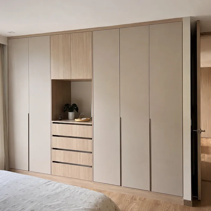 Closet empotrado en tonos claros con nicho decorativo y gavetas en Bucaramanga