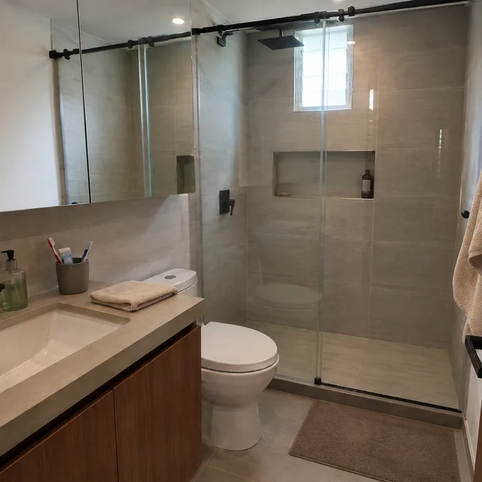Baño moderno en Bucaramanga con vanidad de madera, espejo grande y ducha con divisiones de vidrio templado