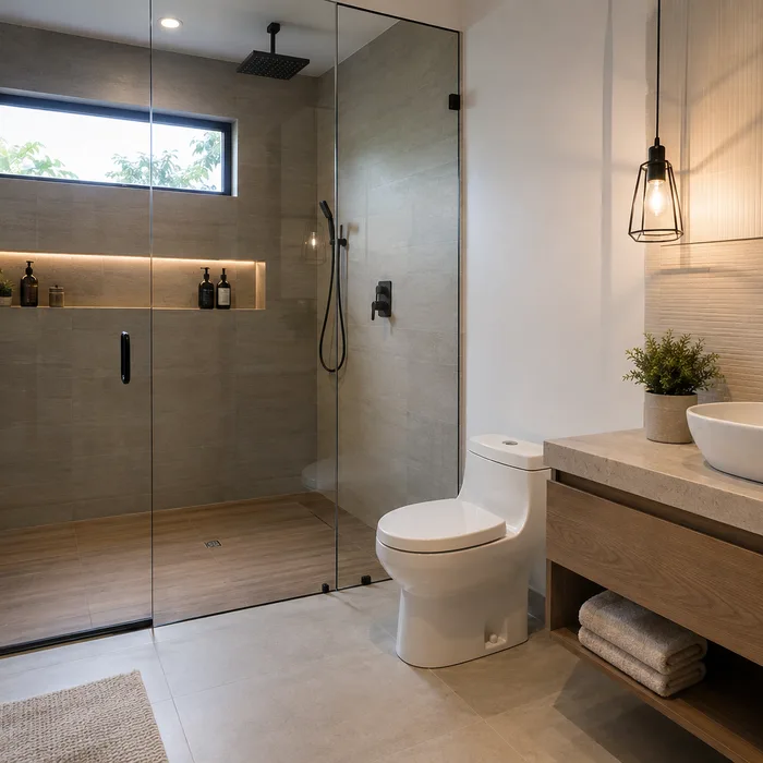 Baño moderno en Bucaramanga con ducha de vidrio, mueble de madera y accesorios negros