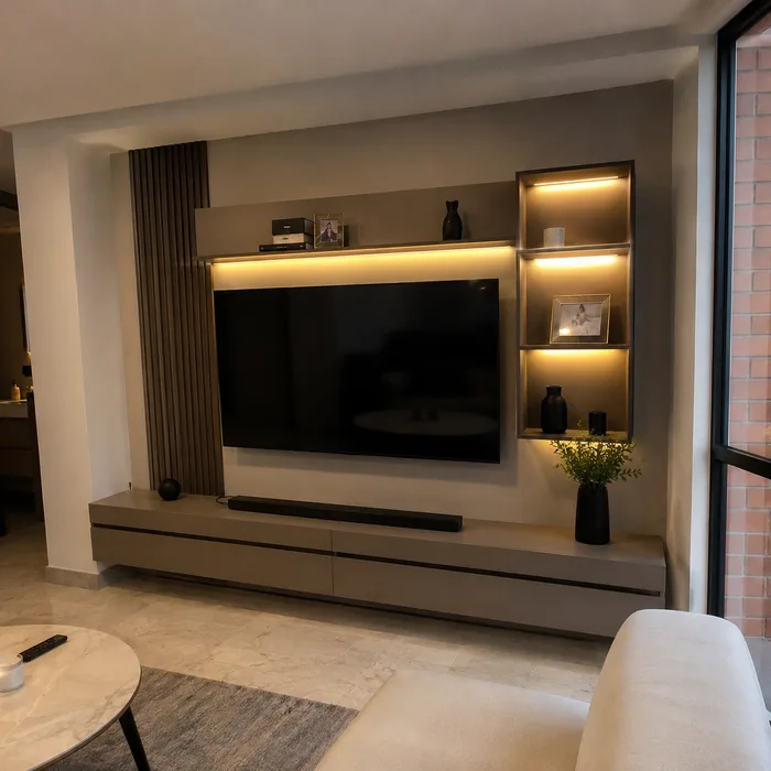 Mueble TV moderno con iluminación LED integrada y estantes decorativos en Bucaramanga
