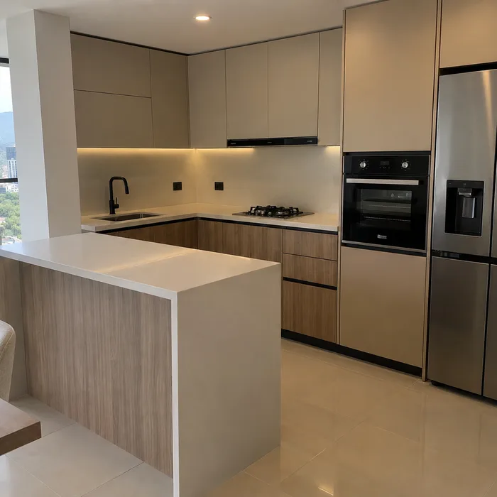 Cocina integral moderna en tonos beige y madera con isla central en Bucaramanga